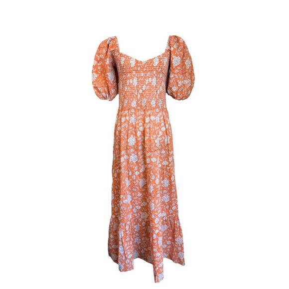 Anna Cate Maxi Dress M Orange Floral Puff Sleeve Smocked Tiered Cotton Boho - Picture 2 of 12